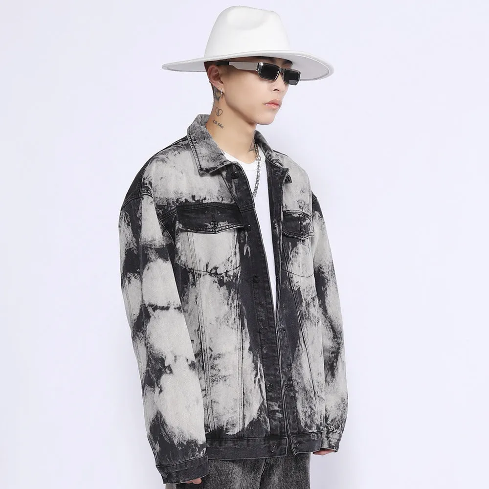 Men Denim Coat Jean Jackets Gradient Tie-Dye Washed Do the Old Cowboy Coat Men Loose Lapels Denim Clothes Jacket