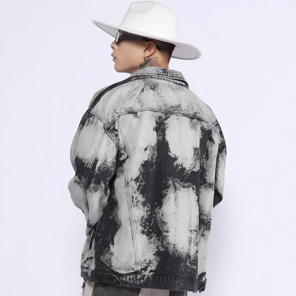 Men Denim Coat Jean Jackets Gradient Tie-Dye Washed Do the Old Cowboy Coat Men Loose Lapels Denim Clothes Jacket