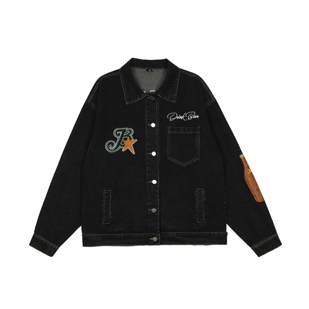 Men Denim Coat Jean Jackets Paste Cloth Embroidery Washed Do the Old Cowboy Coat Men's Loose Lapels Denim Jacket