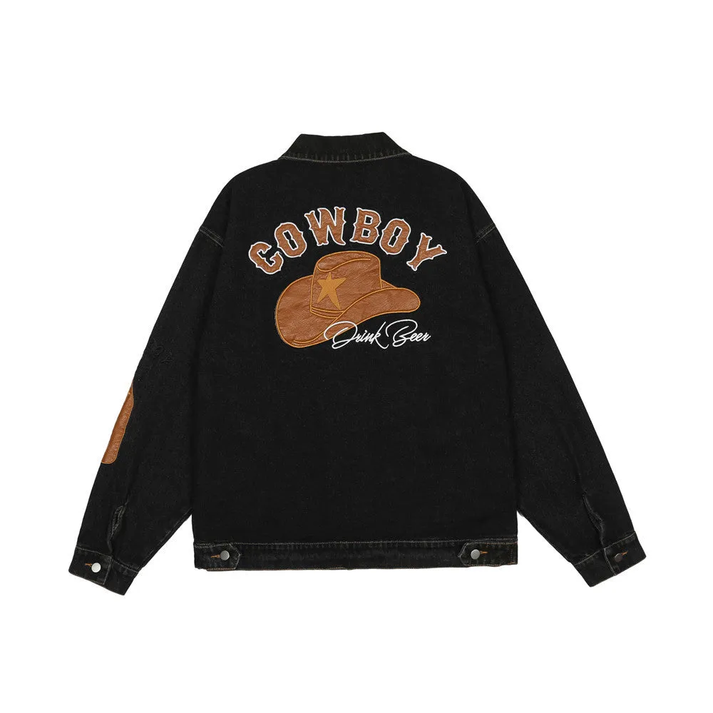 Men Denim Coat Jean Jackets Paste Cloth Embroidery Washed Do the Old Cowboy Coat Men's Loose Lapels Denim Jacket