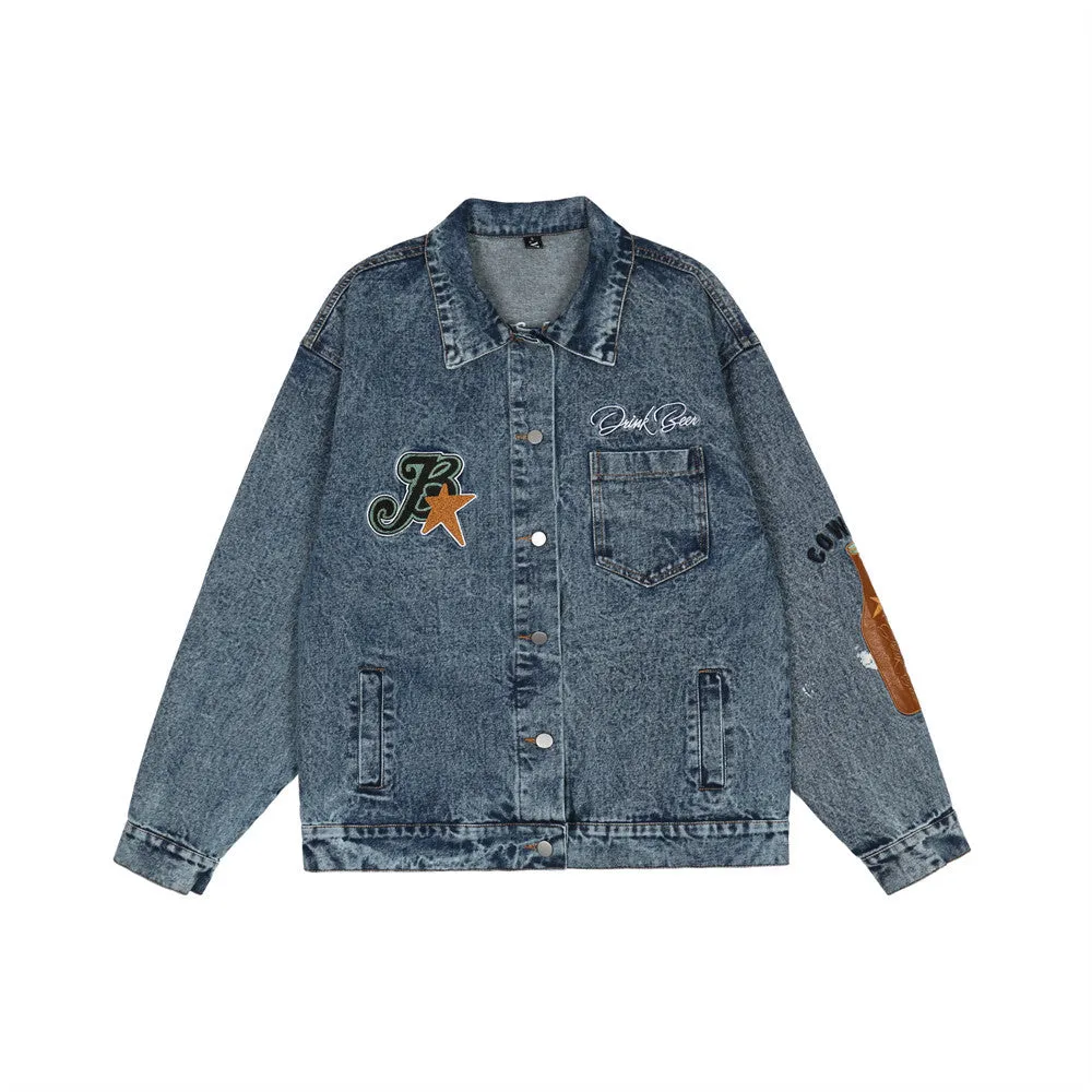 Men Denim Coat Jean Jackets Paste Cloth Embroidery Washed Do the Old Cowboy Coat Men's Loose Lapels Denim Jacket