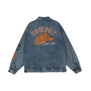 Men Denim Coat Jean Jackets Paste Cloth Embroidery Washed Do the Old Cowboy Coat Men's Loose Lapels Denim Jacket