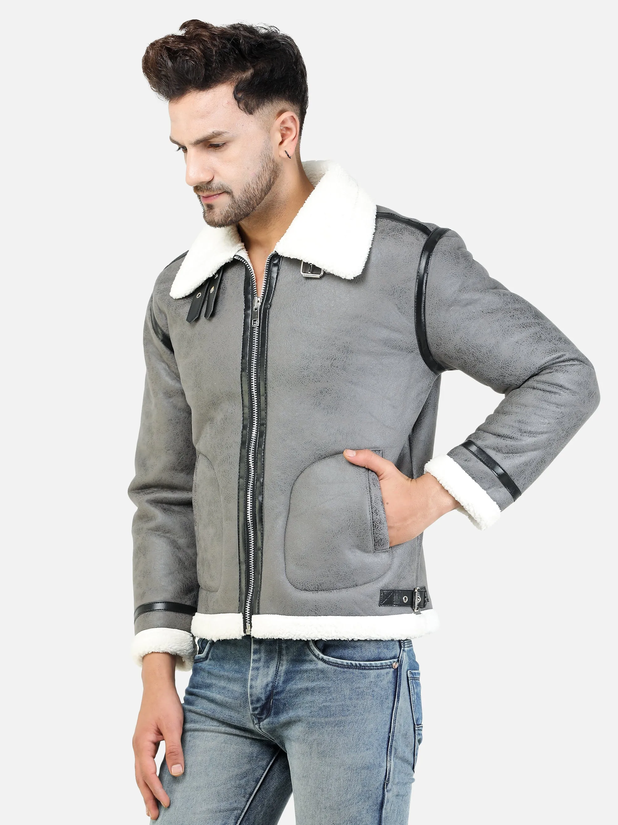 Men Regular Fit Full Fur Lining Faux Leather Grey Jacket