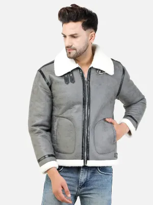 Men Regular Fit Full Fur Lining Faux Leather Grey Jacket