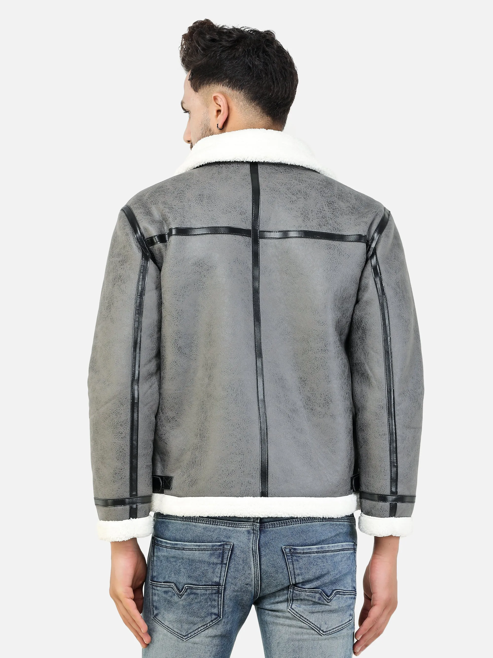 Men Regular Fit Full Fur Lining Faux Leather Grey Jacket