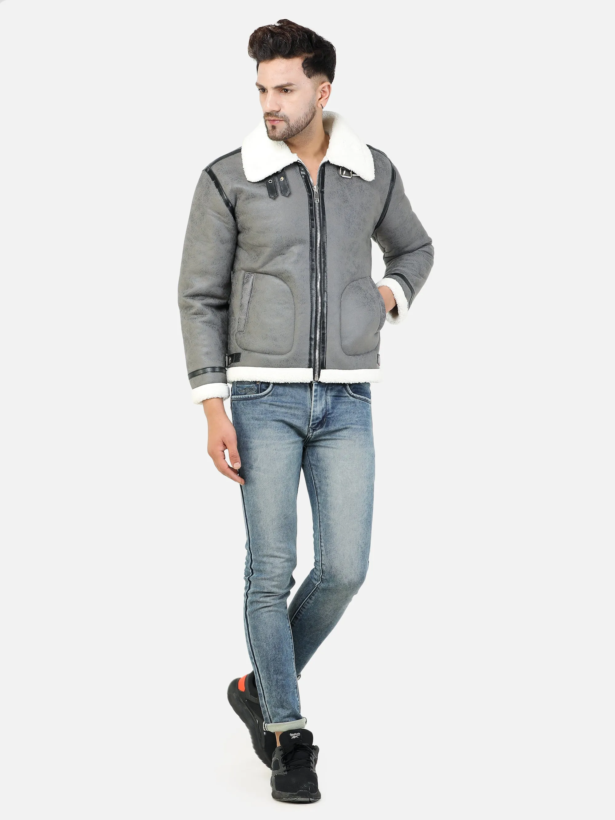 Men Regular Fit Full Fur Lining Faux Leather Grey Jacket