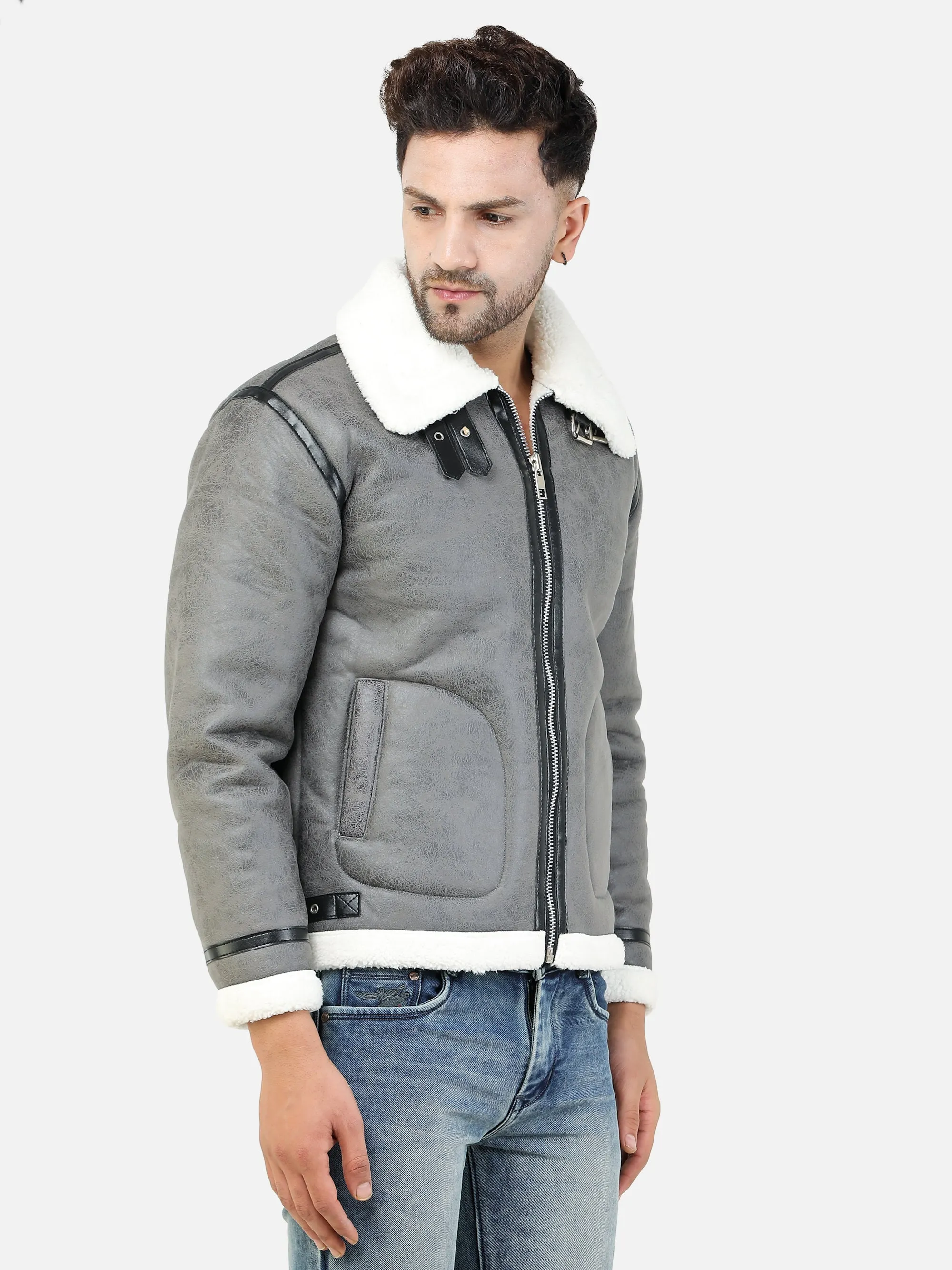 Men Regular Fit Full Fur Lining Faux Leather Grey Jacket