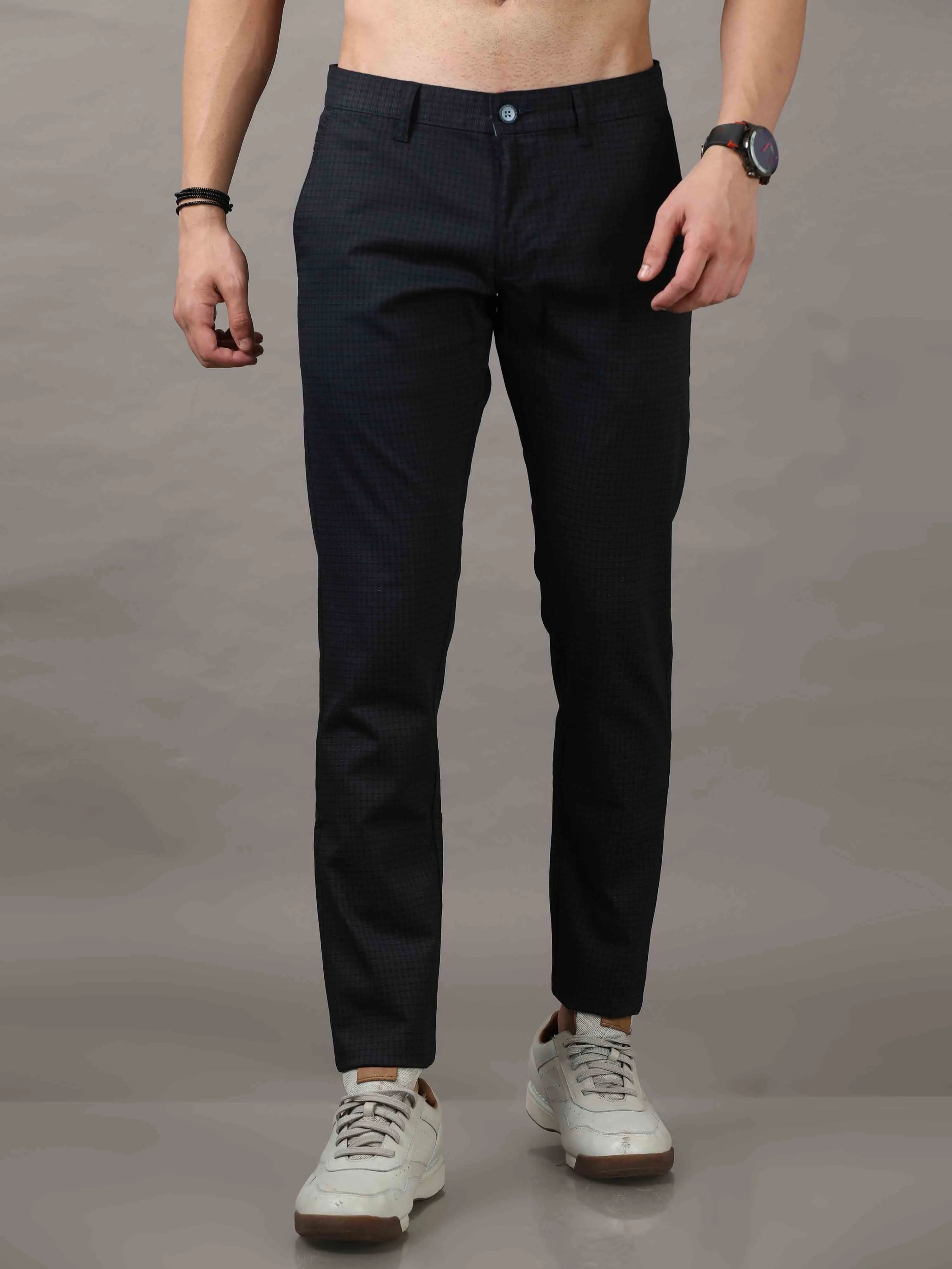 Men's Navy Narrow Fit Cotton Checks Causal Trousers