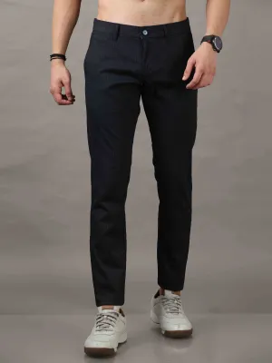 Men's Navy Narrow Fit Cotton Checks Causal Trousers