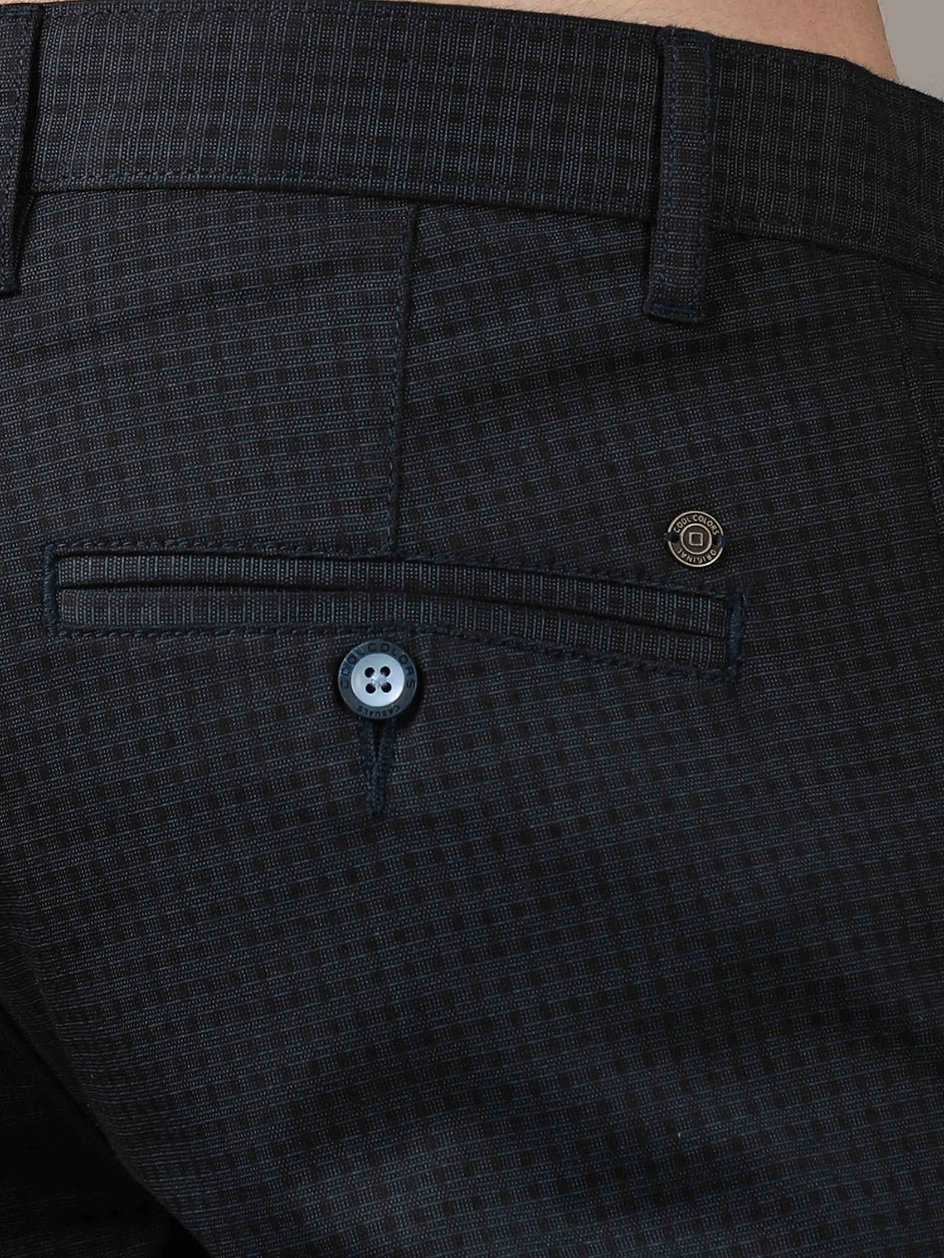 Men's Navy Narrow Fit Cotton Checks Causal Trousers