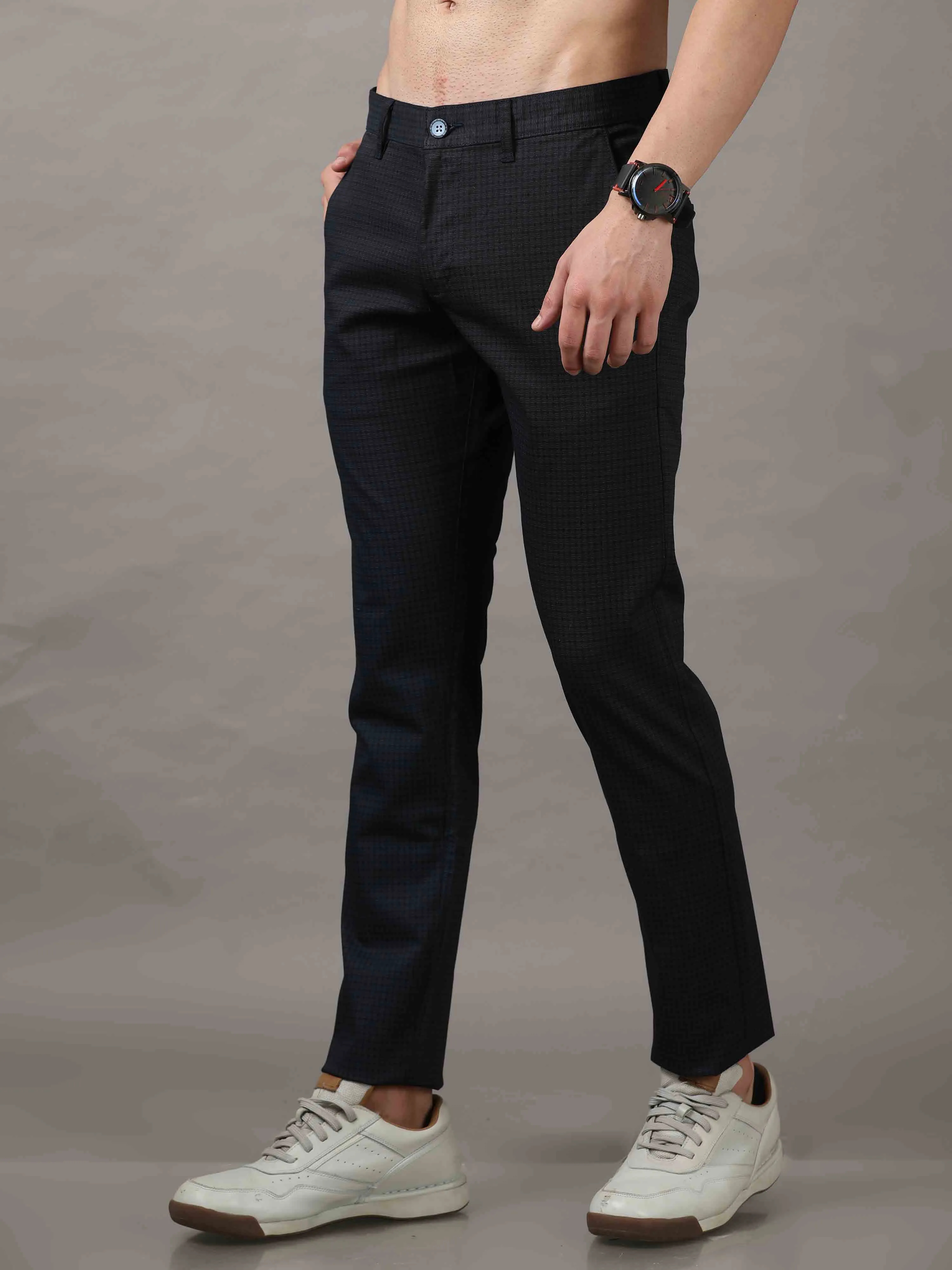 Men's Navy Narrow Fit Cotton Checks Causal Trousers