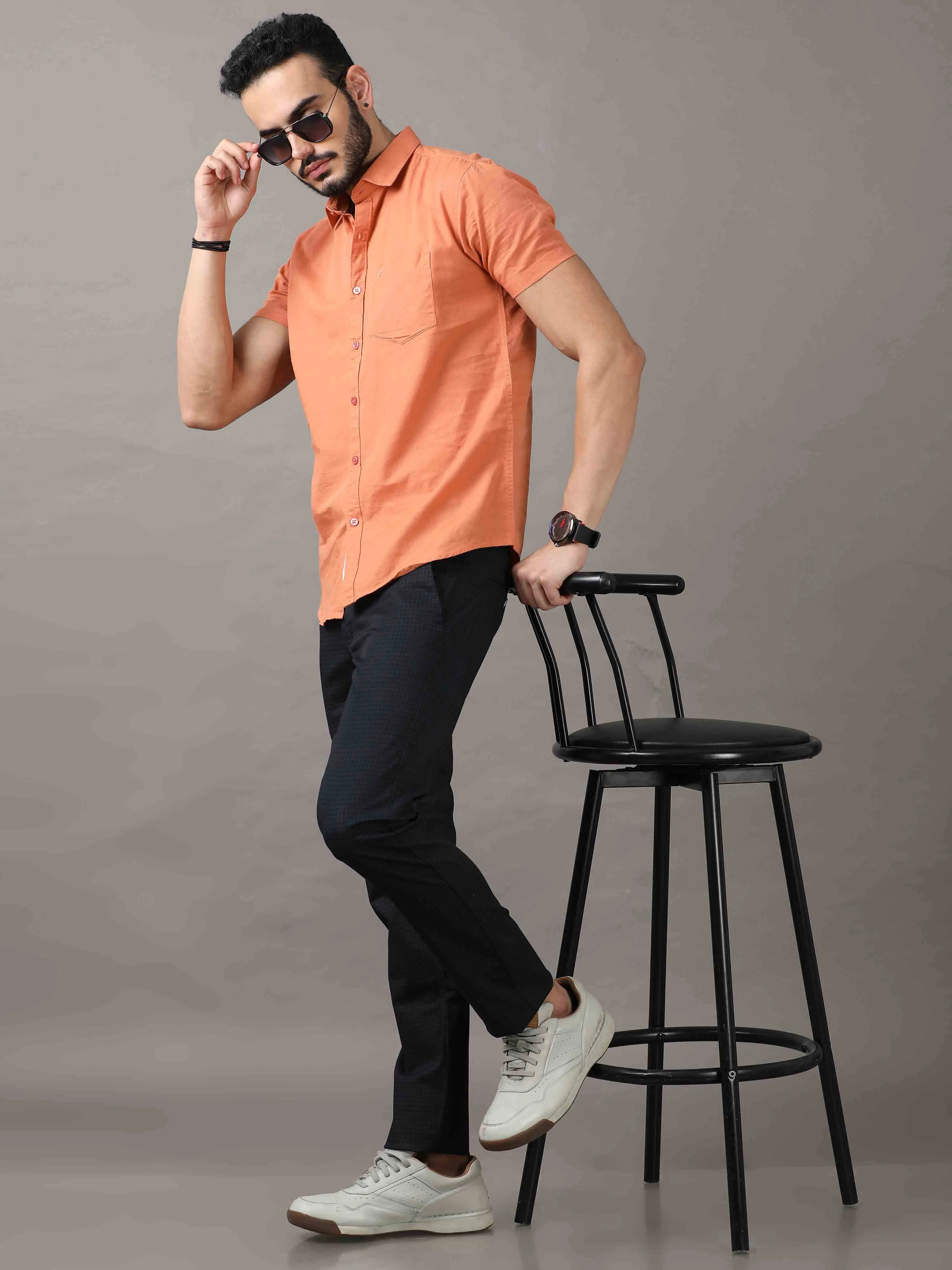 Men's Navy Narrow Fit Cotton Checks Causal Trousers