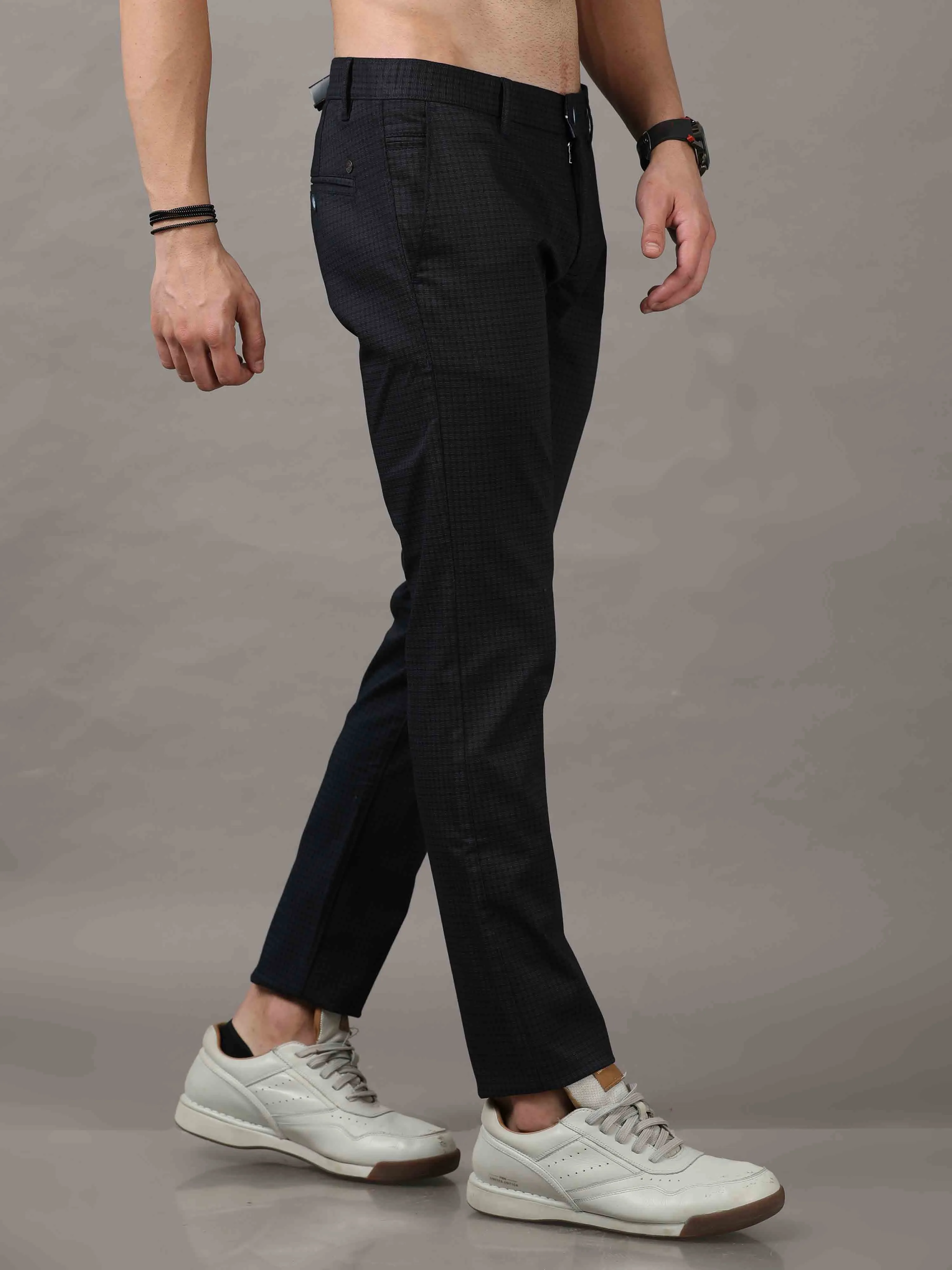 Men's Navy Narrow Fit Cotton Checks Causal Trousers