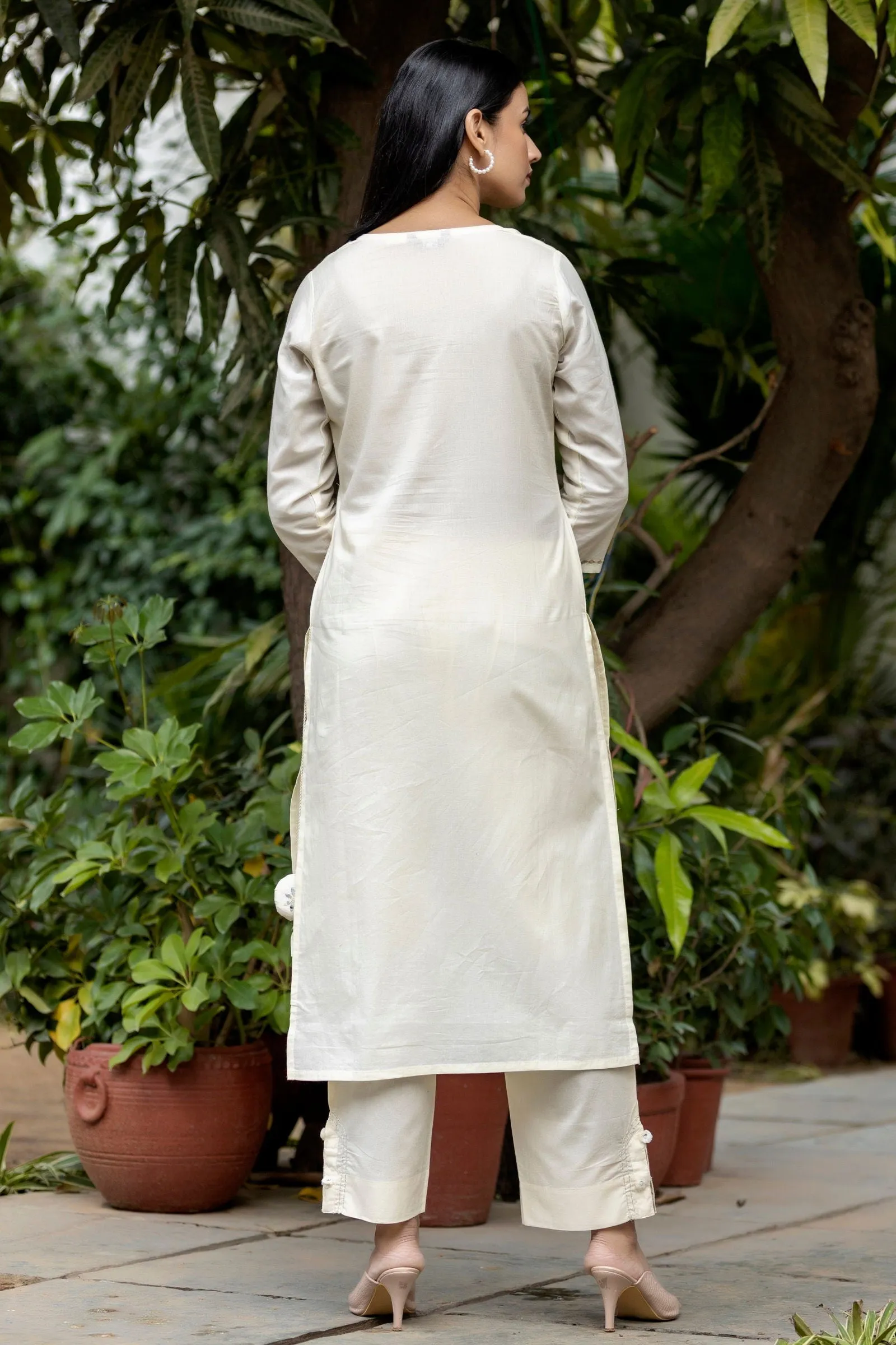 Off White Mirror Embellished Cotton Suit Set (pack of 3)
