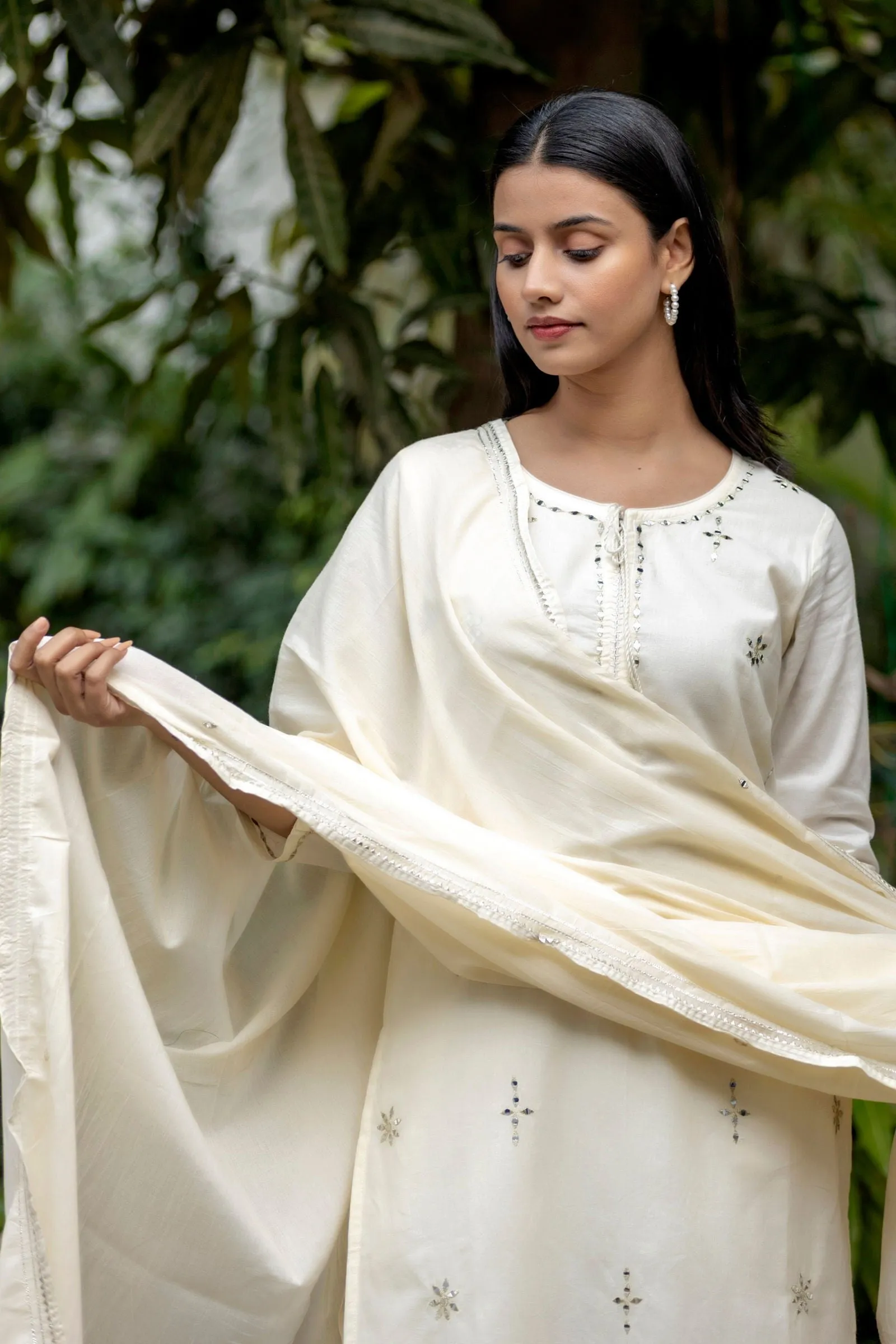 Off White Mirror Embellished Cotton Suit Set (pack of 3)