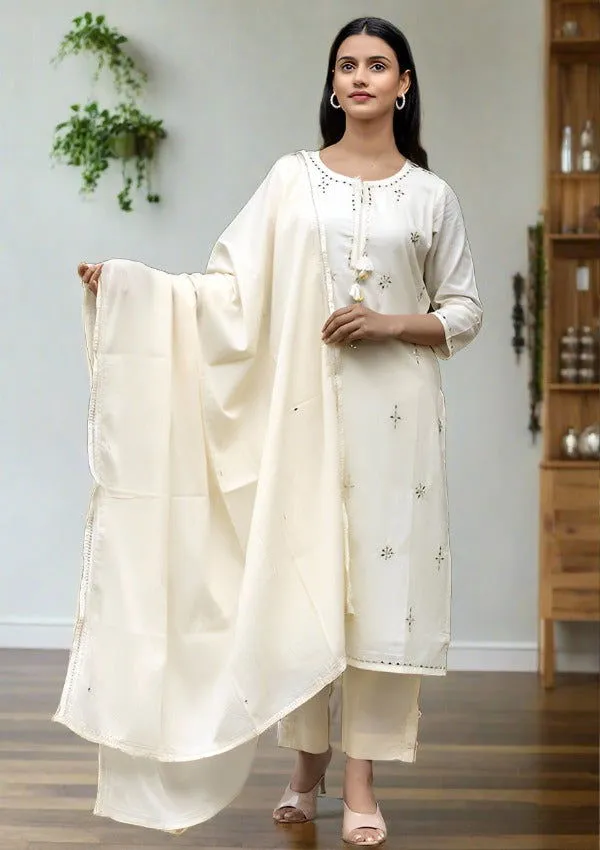 Off White Mirror Embellished Cotton Suit Set (pack of 3)