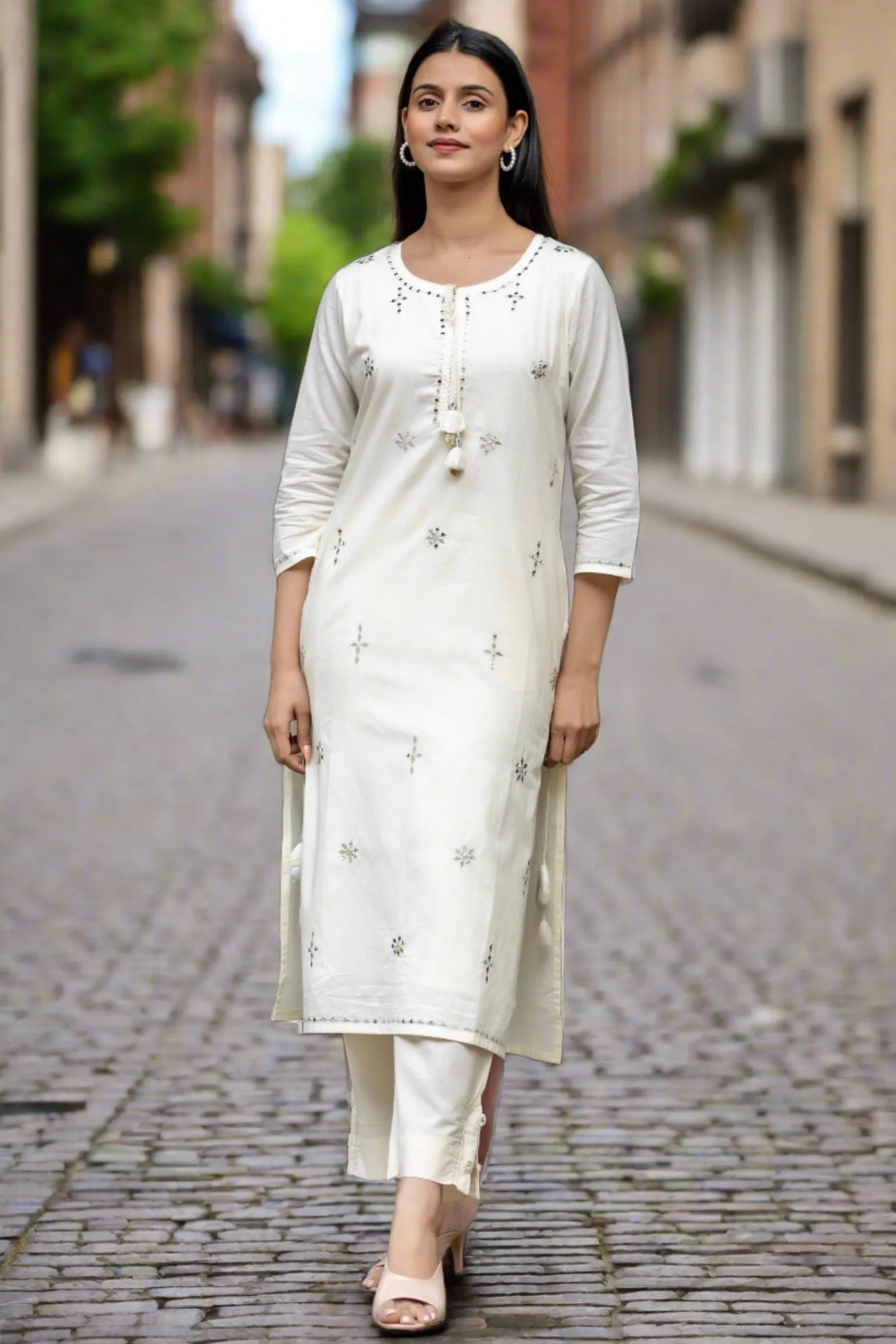 Off White Mirror Embellished Cotton Suit Set (pack of 3)
