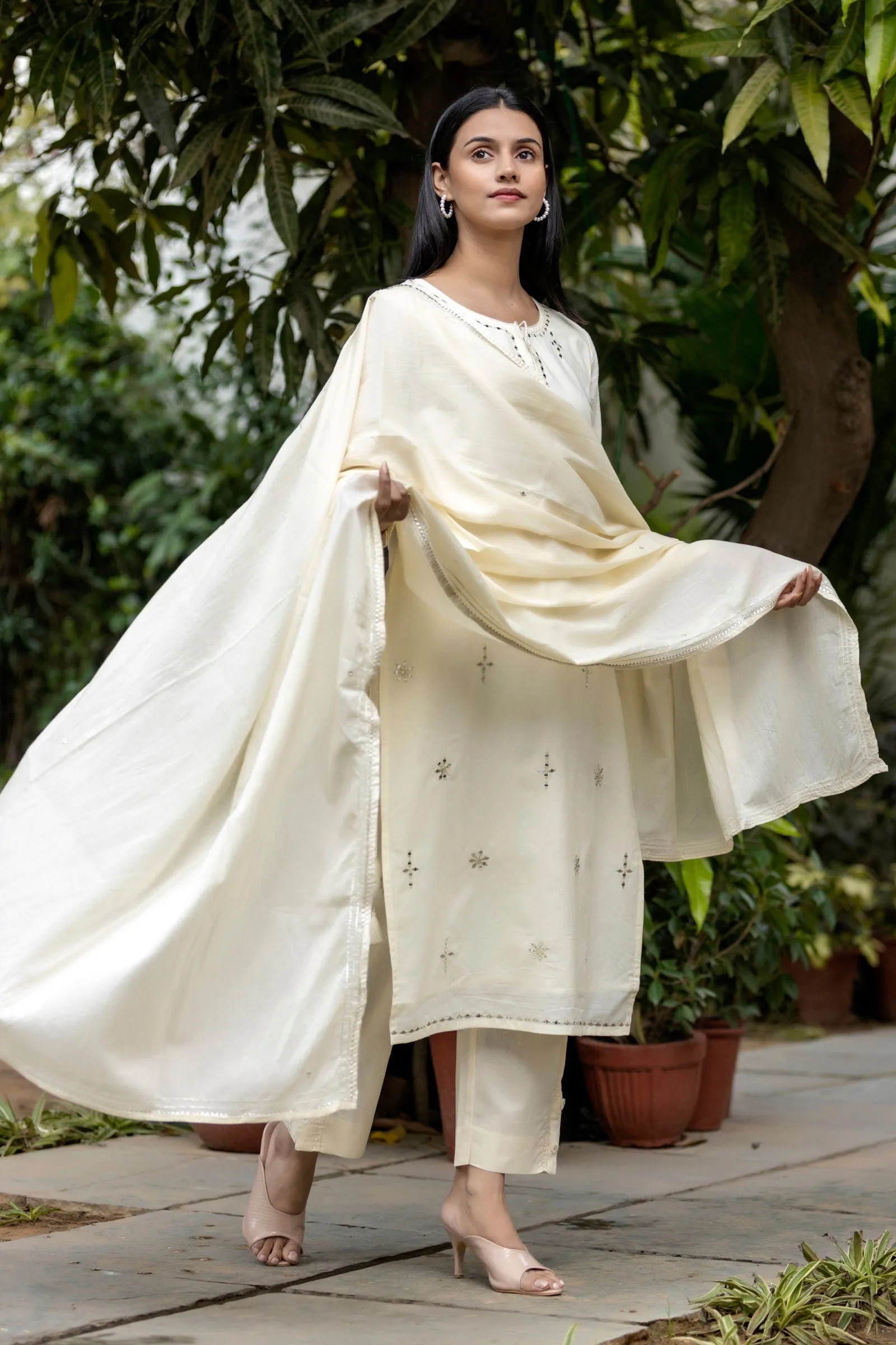 Off White Mirror Embellished Cotton Suit Set (pack of 3)