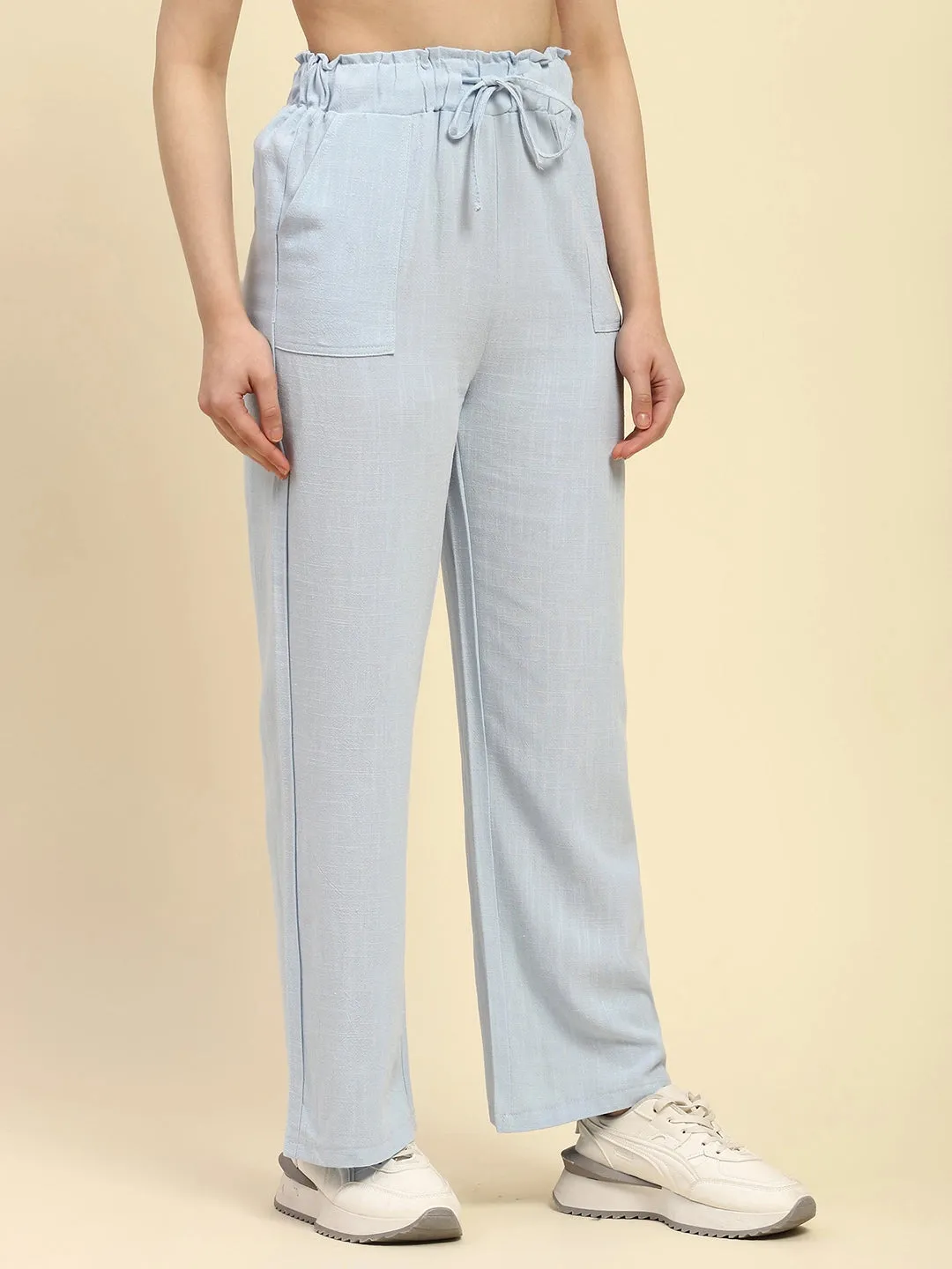Pastel Blue Solid Cotton Linen Relaxed Fit Lower