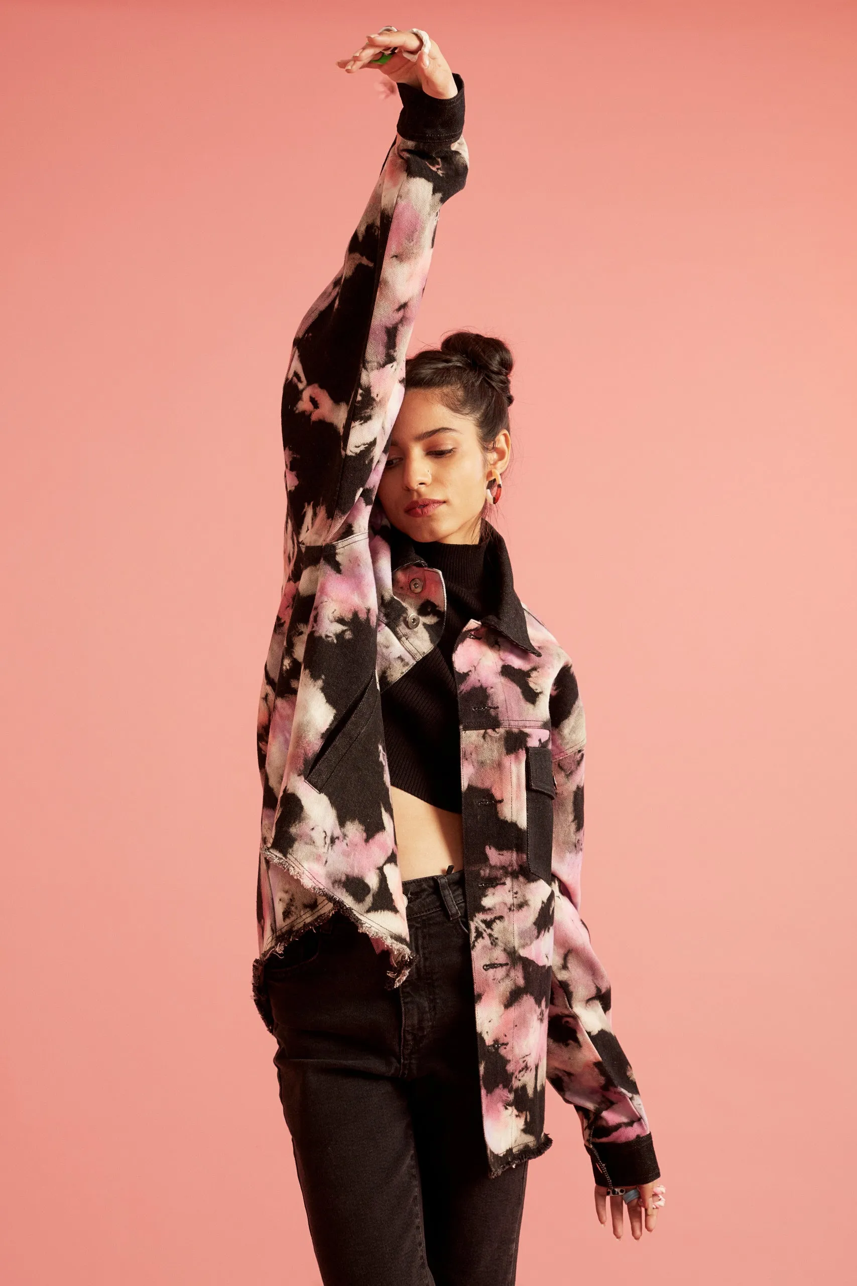 Pink and Black Tie-Dye Effect Oversized Jacket