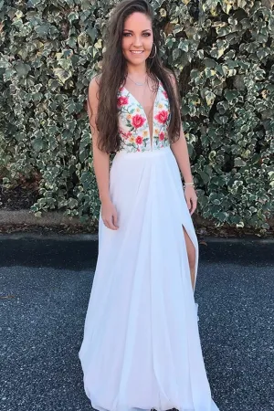 Promfast 2021 New Beauty Flowy White Embroidery V Neck Prom Dresses for Party PFP2013