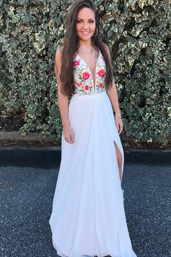 Promfast 2021 New Beauty Flowy White Embroidery V Neck Prom Dresses for Party PFP2013