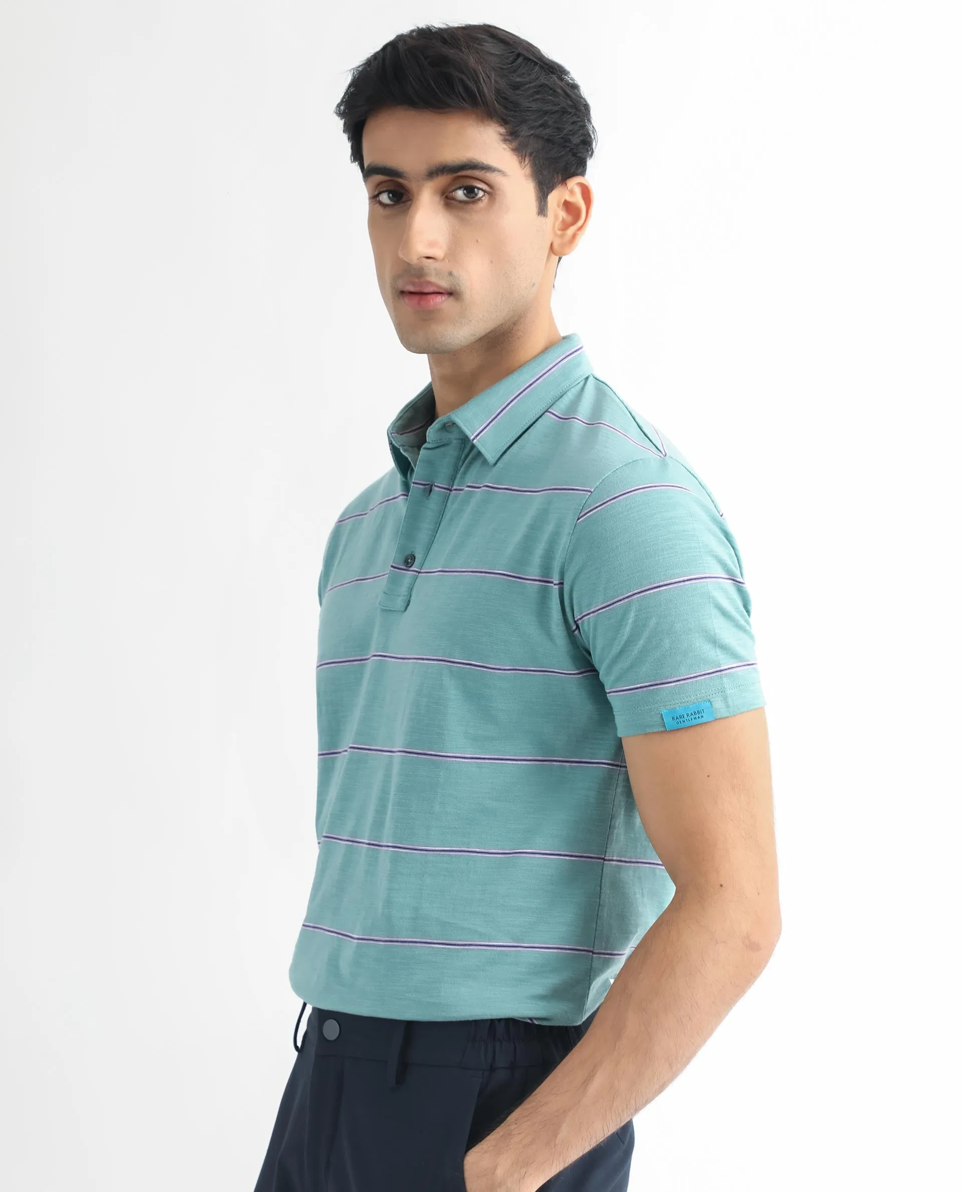 Rare Rabbit Men's Neonss Green Collared Neck Smart Striped Half Sleeve Polo T-Shirt