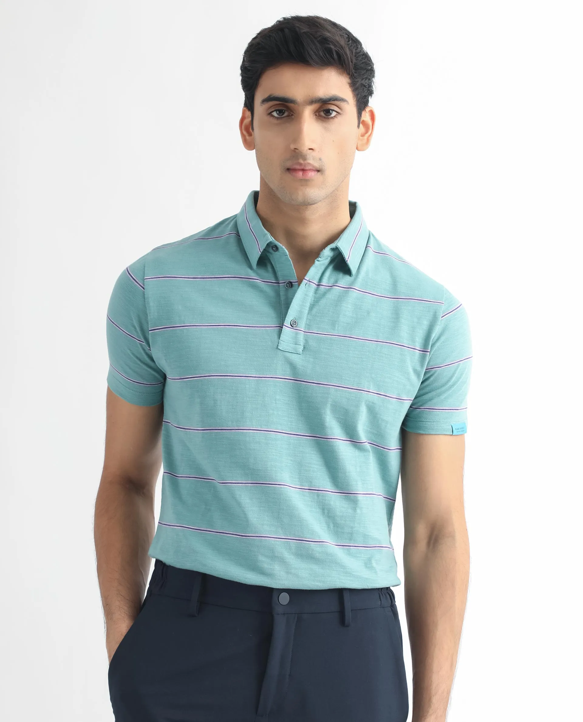 Rare Rabbit Men's Neonss Green Collared Neck Smart Striped Half Sleeve Polo T-Shirt