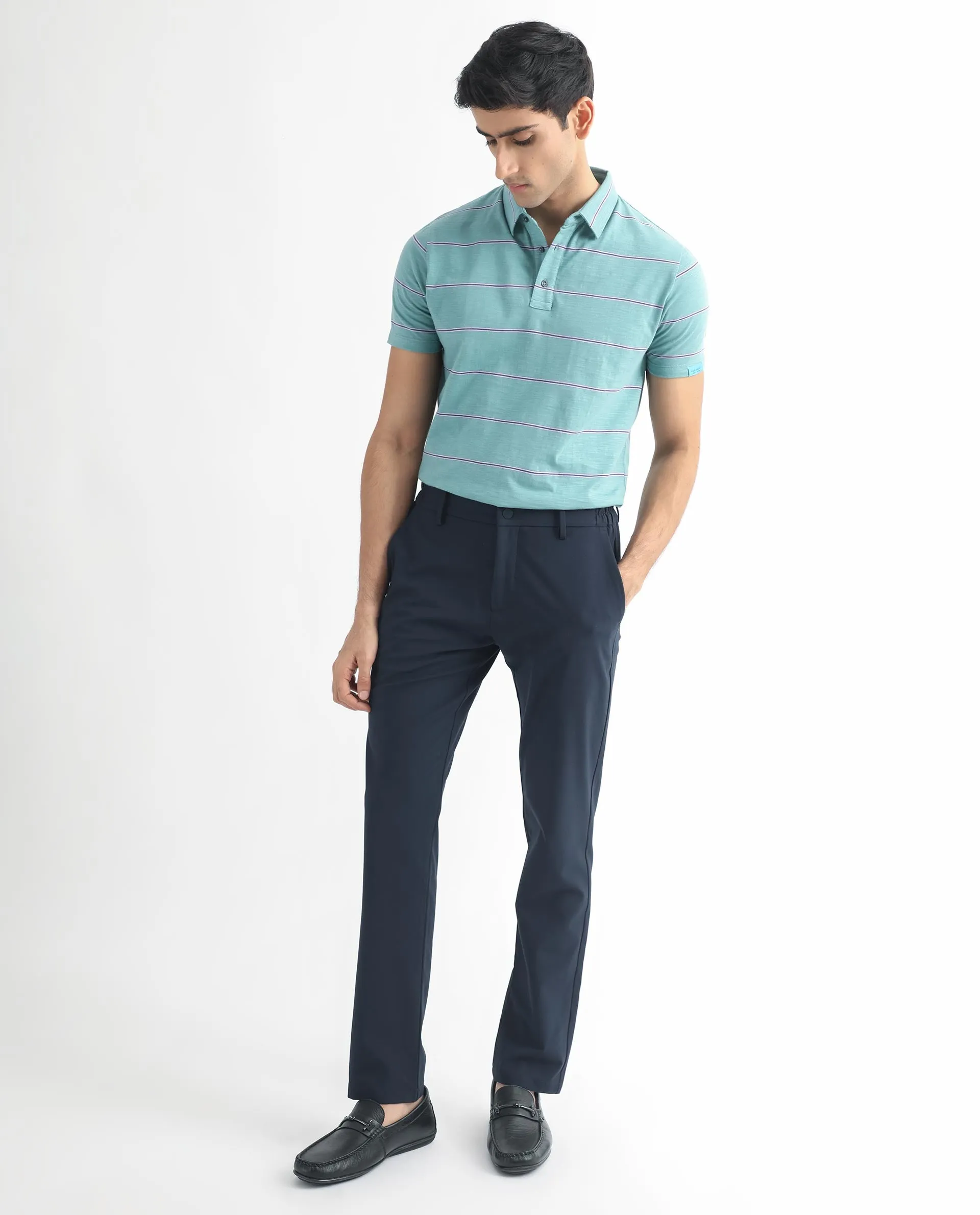 Rare Rabbit Men's Neonss Green Collared Neck Smart Striped Half Sleeve Polo T-Shirt
