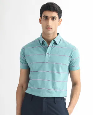 Rare Rabbit Men's Neonss Green Collared Neck Smart Striped Half Sleeve Polo T-Shirt