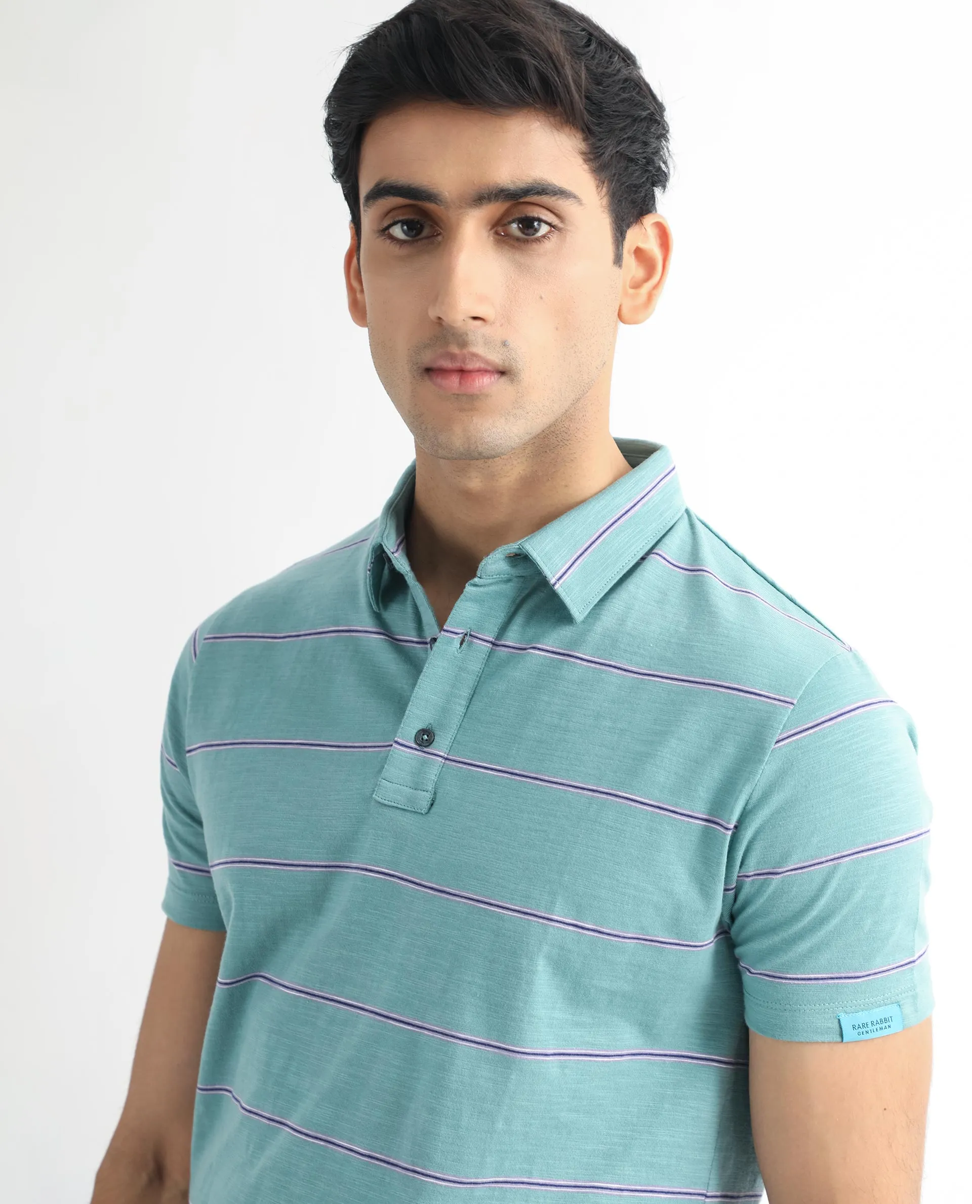 Rare Rabbit Men's Neonss Green Collared Neck Smart Striped Half Sleeve Polo T-Shirt