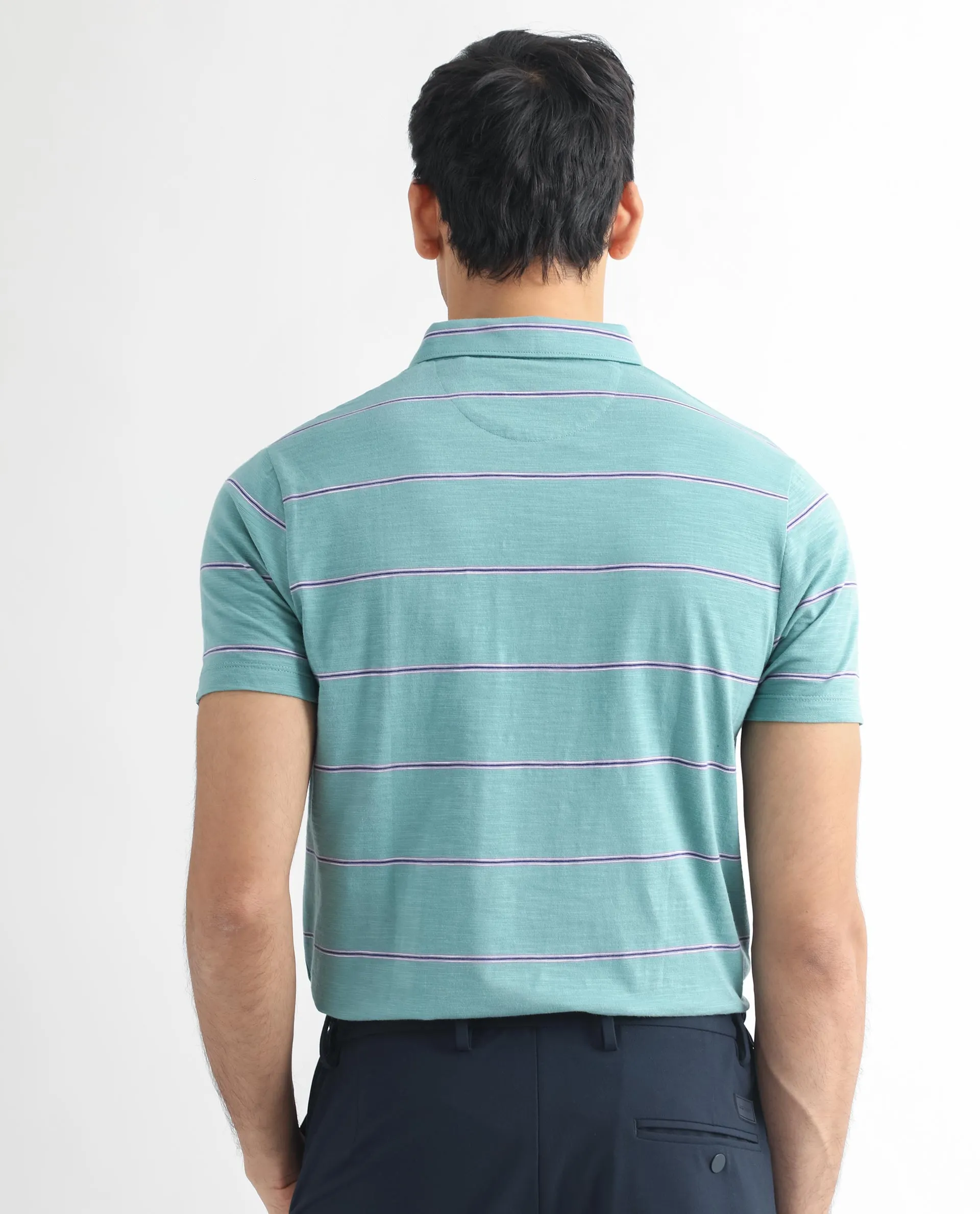 Rare Rabbit Men's Neonss Green Collared Neck Smart Striped Half Sleeve Polo T-Shirt