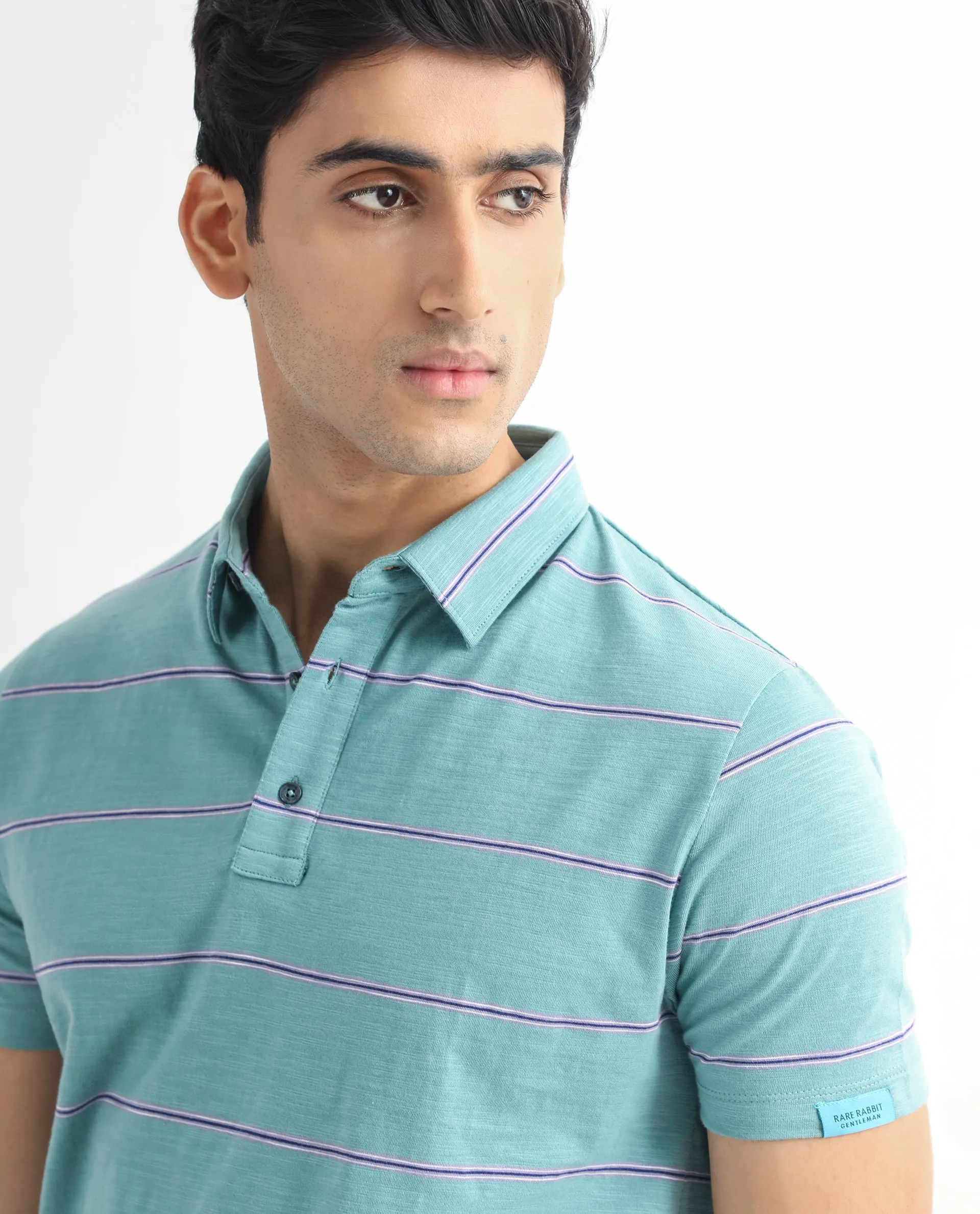 Rare Rabbit Men's Neonss Green Collared Neck Smart Striped Half Sleeve Polo T-Shirt