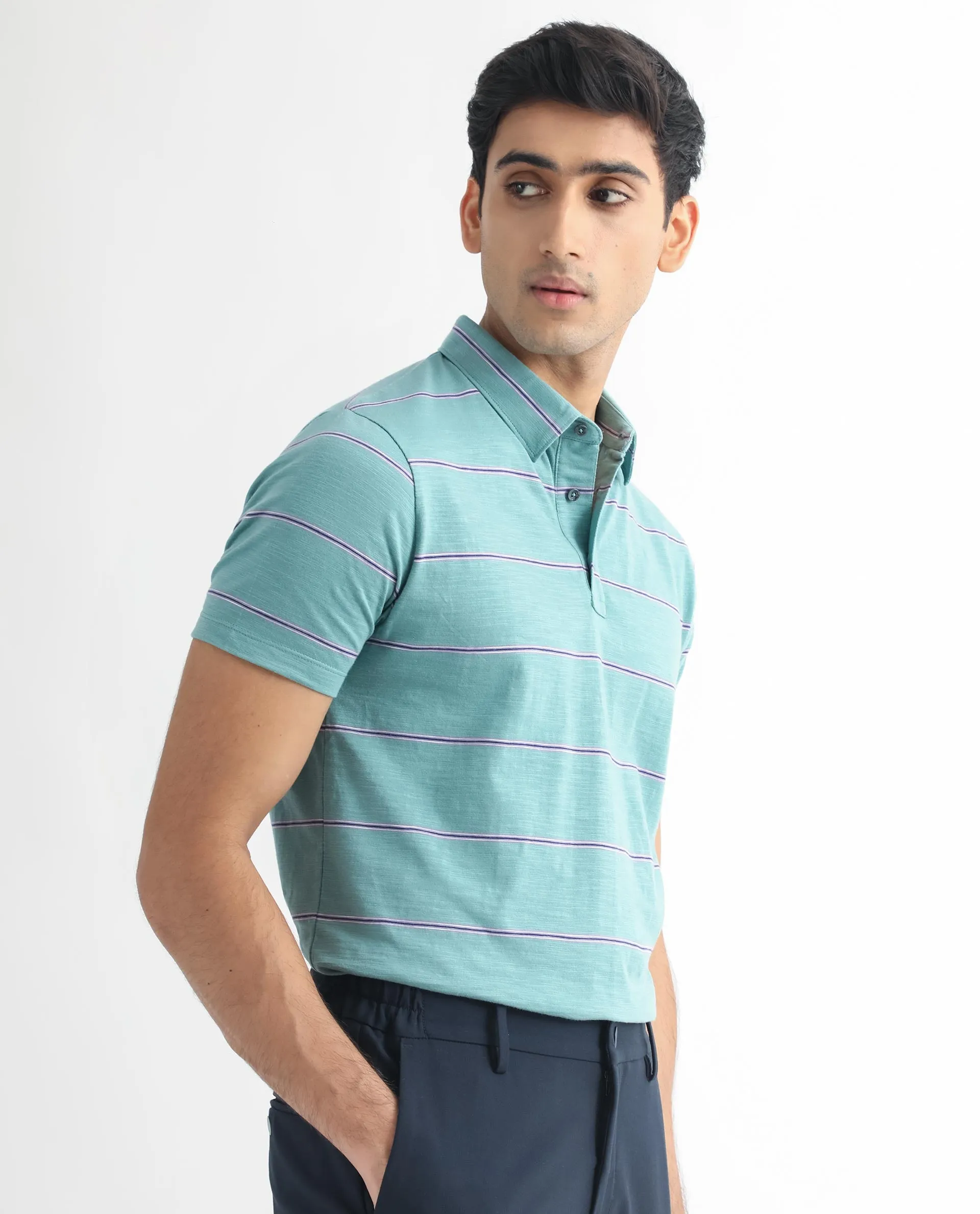 Rare Rabbit Men's Neonss Green Collared Neck Smart Striped Half Sleeve Polo T-Shirt