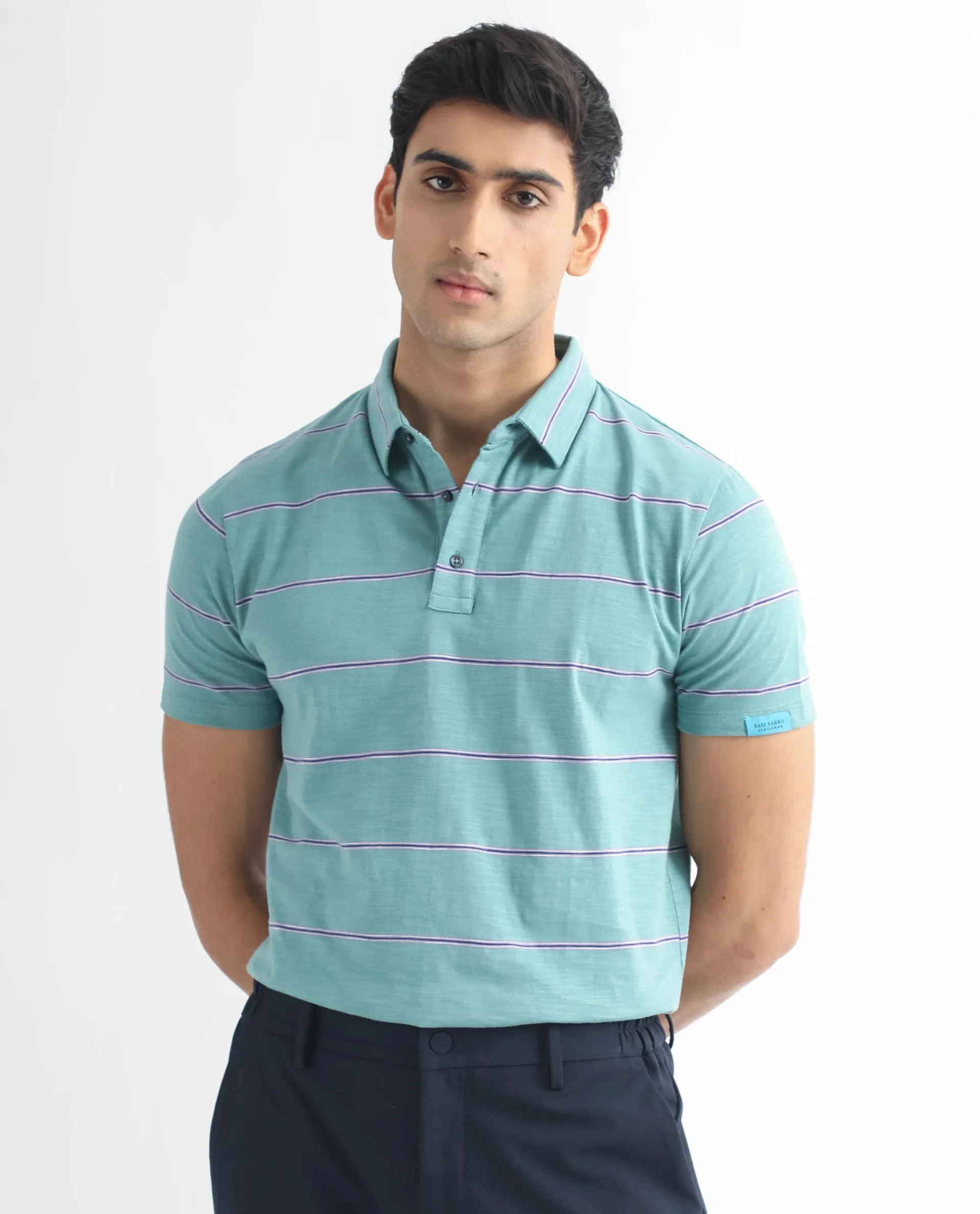 Rare Rabbit Men's Neonss Green Collared Neck Smart Striped Half Sleeve Polo T-Shirt