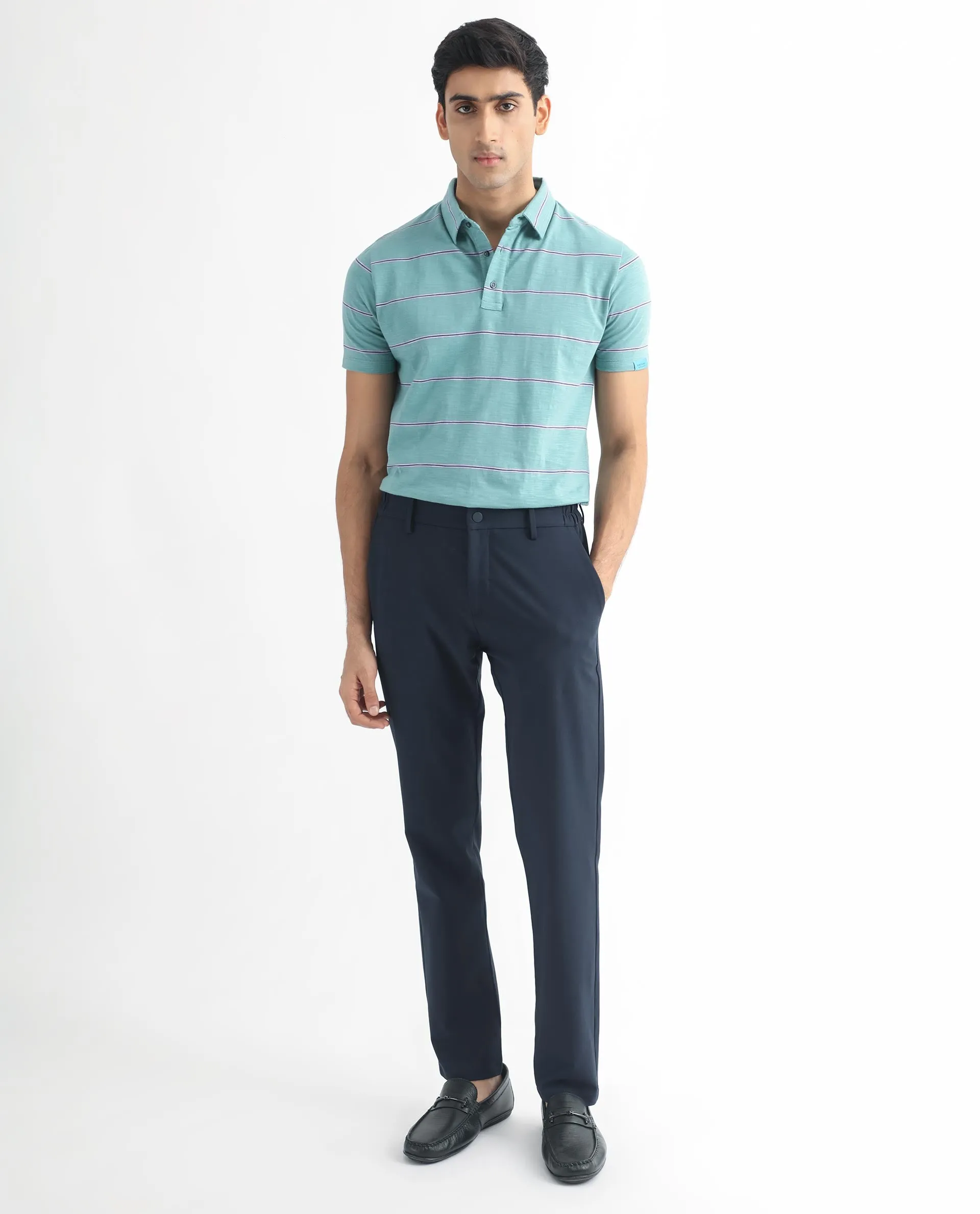 Rare Rabbit Men's Neonss Green Collared Neck Smart Striped Half Sleeve Polo T-Shirt