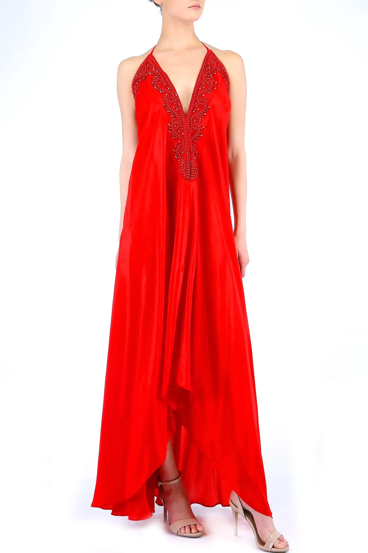 Red Embellished Flowy Maxi Dress