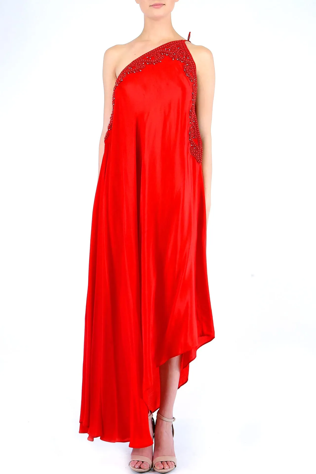 Red Embellished Flowy Maxi Dress