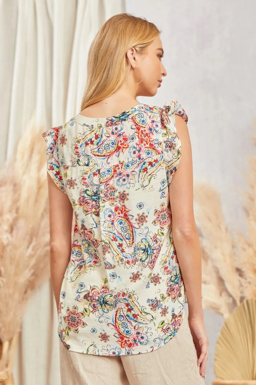 Savanna Jane Paisley Embroidered Blouse With Flutter Sleeves In Ivory Multi