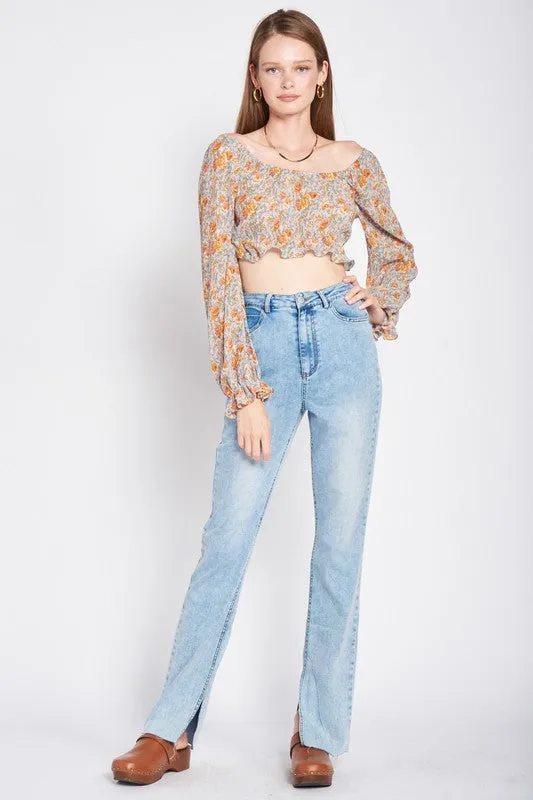 SCOOP NECK FLORAL TOP WITH RUFFLE DETAIL
