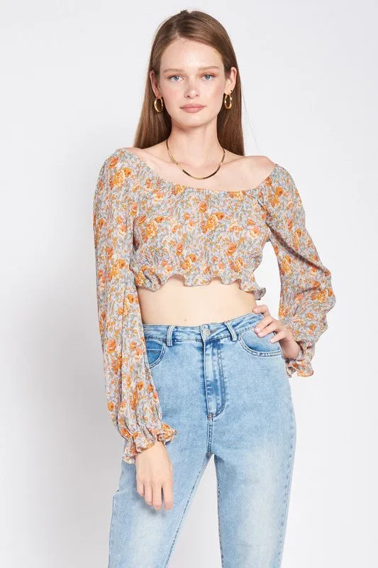 SCOOP NECK FLORAL TOP WITH RUFFLE DETAIL
