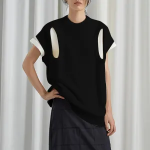 Solid Casual Sweater For Women Round Neck Sleeveless Hollow Out Loose Chic Style Sweaters Female Fashion Clothes
