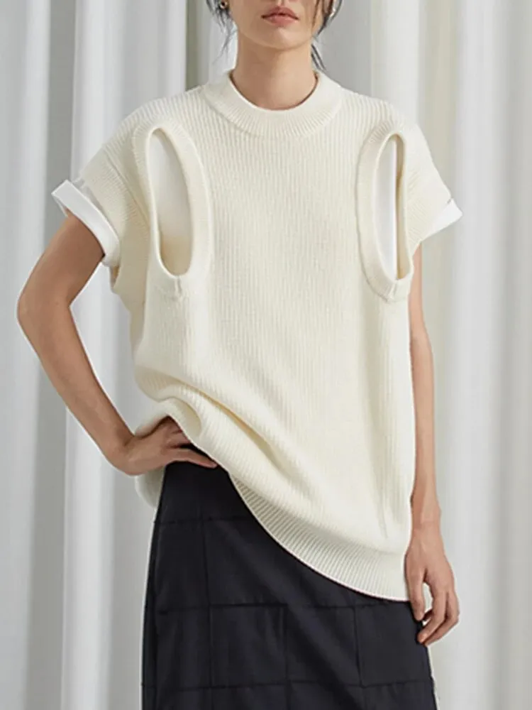 Solid Casual Sweater For Women Round Neck Sleeveless Hollow Out Loose Chic Style Sweaters Female Fashion Clothes