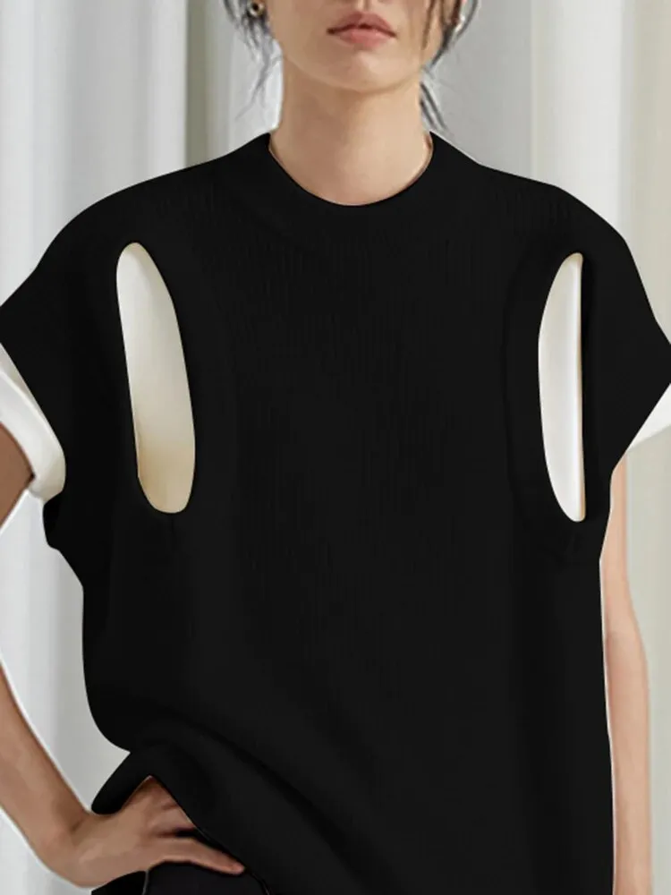 Solid Casual Sweater For Women Round Neck Sleeveless Hollow Out Loose Chic Style Sweaters Female Fashion Clothes