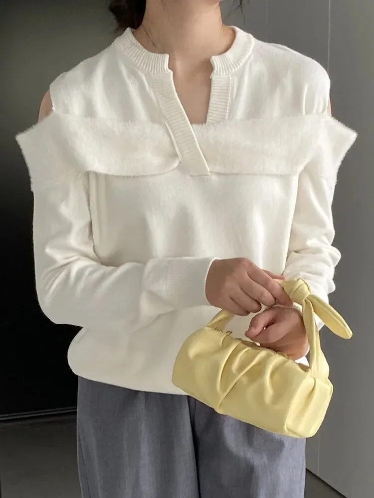 Solid Casual Sweaters For Women V Neck Long Sleeve Off Shoulder Loose Chic Temperament Sweater Female Fashion