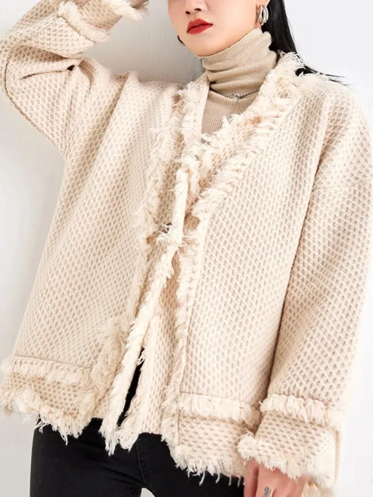 Solid Spliced Tassel Sweaters For Women V Neck Long Sleeve Loose Temperament Chic Sweater Female Fashion Clothing