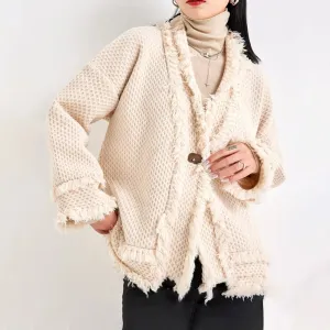 Solid Spliced Tassel Sweaters For Women V Neck Long Sleeve Loose Temperament Chic Sweater Female Fashion Clothing