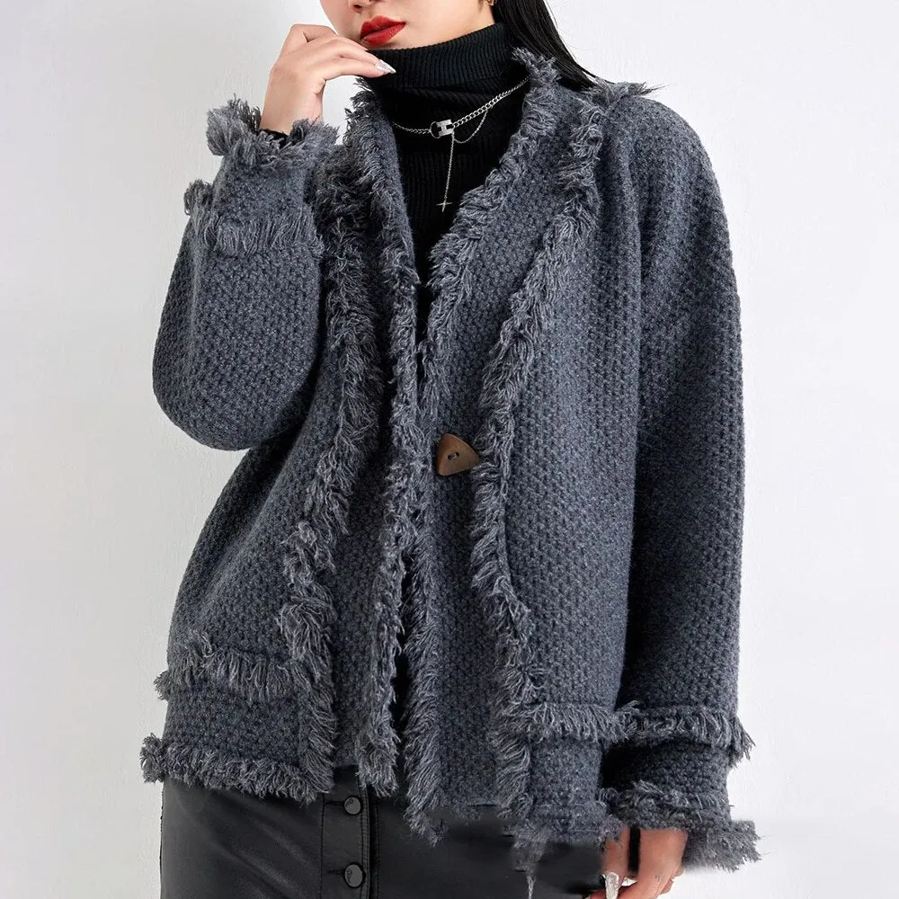 Solid Spliced Tassel Sweaters For Women V Neck Long Sleeve Loose Temperament Chic Sweater Female Fashion Clothing