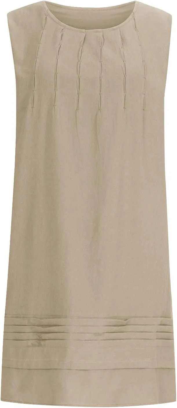 TARIENDY Womens Cotton Linen Dresses Casual Summer Crewneck Sleeveless Dress Plus Size Pleated Sundress Loose Sundresses