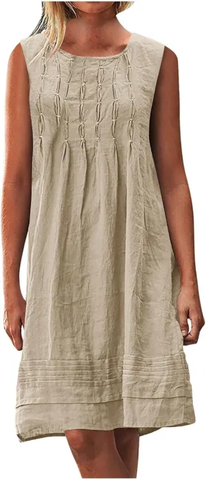 TARIENDY Womens Cotton Linen Dresses Casual Summer Crewneck Sleeveless Dress Plus Size Pleated Sundress Loose Sundresses